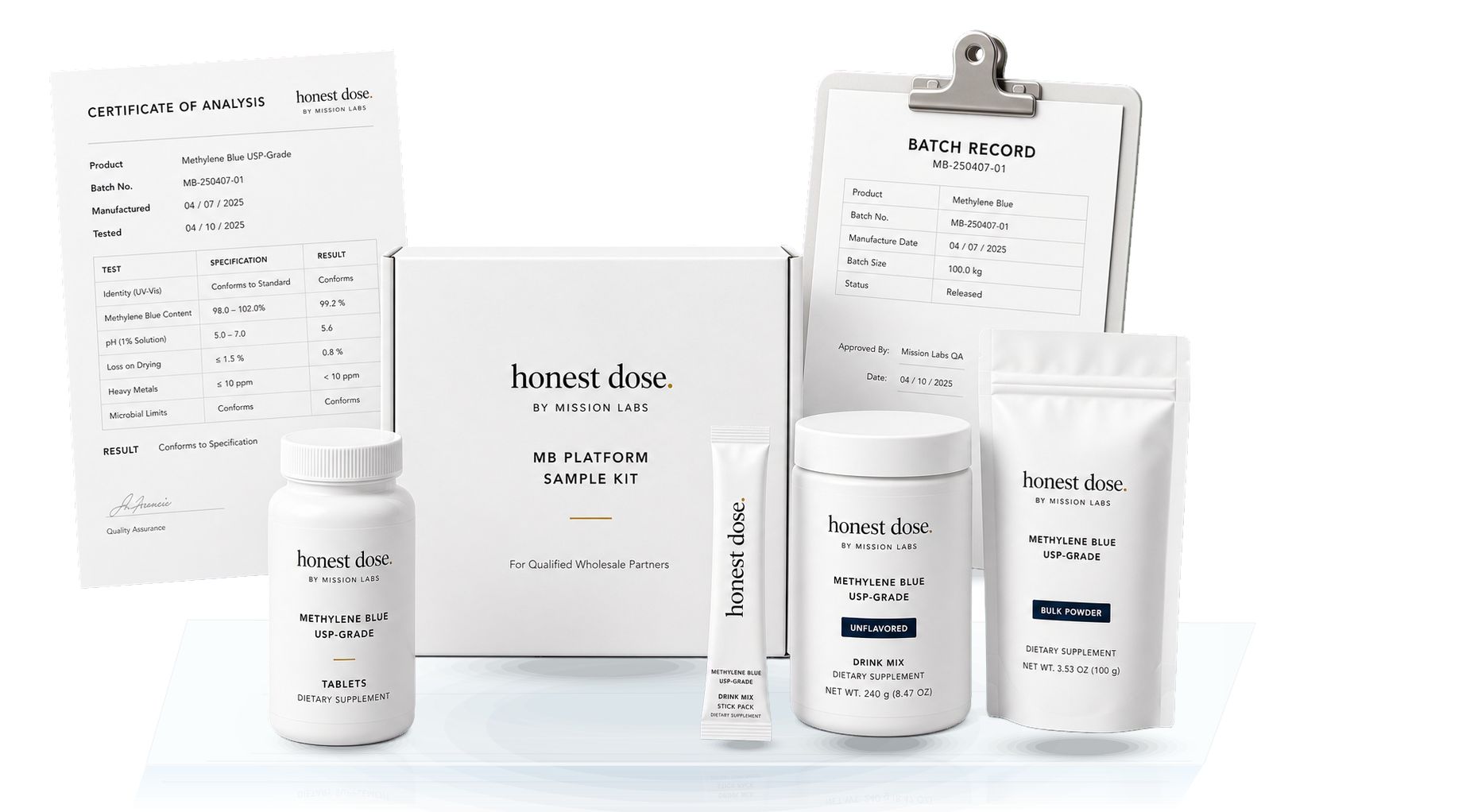 Honest Dose methylene blue sample kit, documents, tablets, stick pack, drink mix tub, and pouch on an acrylic display surface